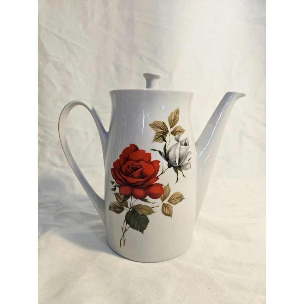 Vintage VB Ceramic‎ Coffee Pot Tall Teapot White Red Rose Floral Gold Trim Lid